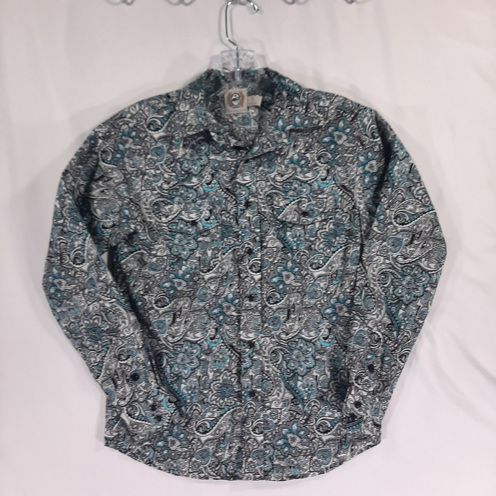 Cinch Boys Teal Grey Paisley Western Snap Long Sleeve Shirt Size Medium 10